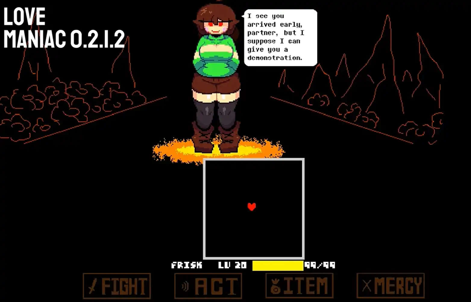 Love Maniac battle screen with Chara and ACT menu