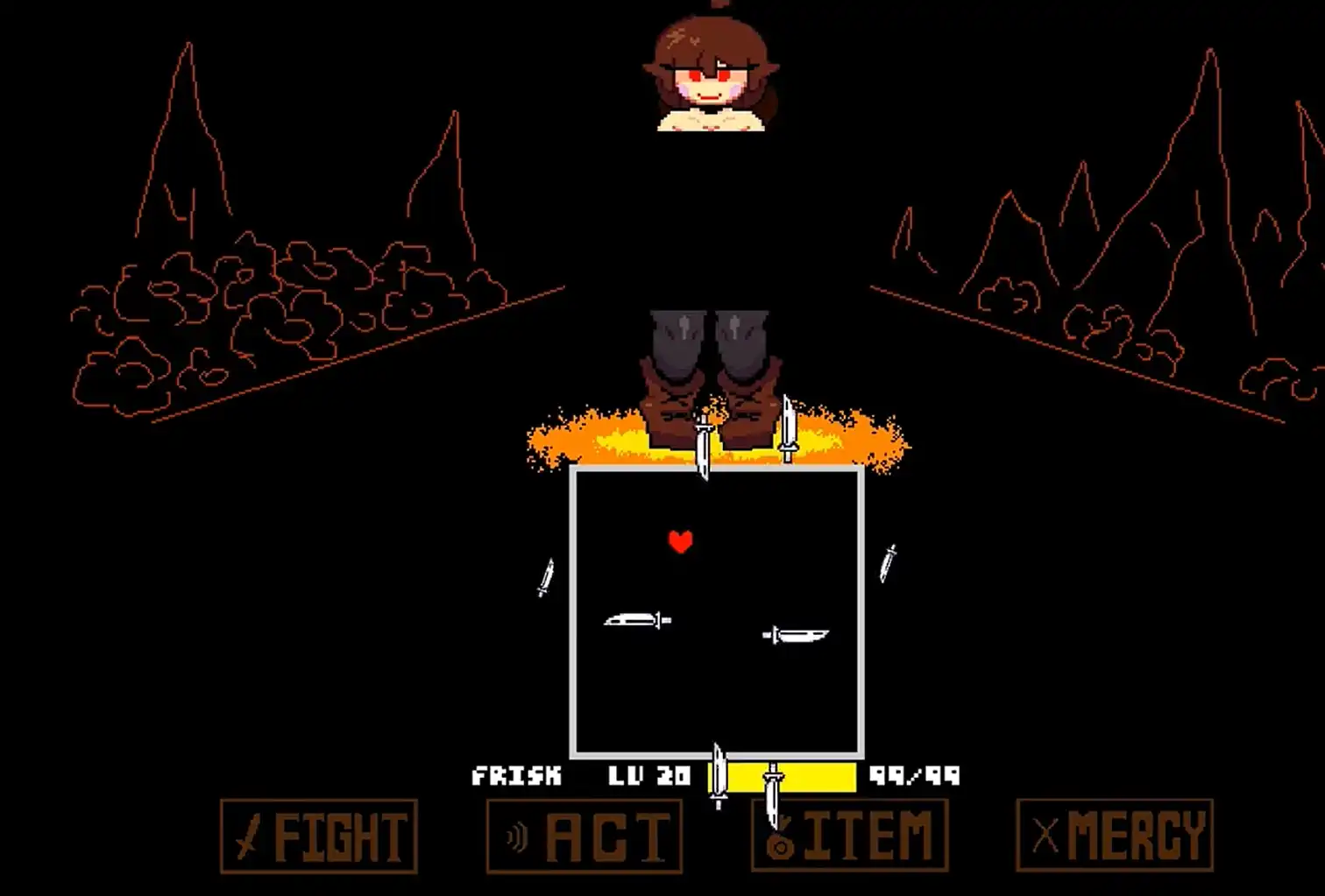 Scene with the soul in the battle box facing a dark landscape